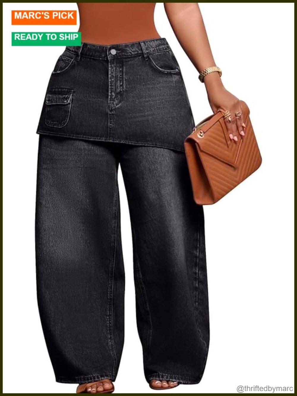 High Rise Wide Leg Cargo Jeans with Skirt Overlay Pockets